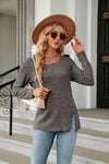 Square Neck Long Sleeve Slit T-Shirt Charcoal Women's T-Shirts - Tophatter Daily Deals