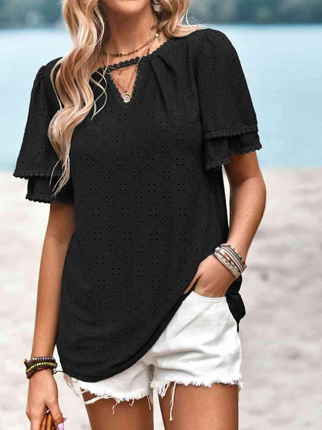 Eyelet Round Neck Puff Sleeve Blouse Blouses - Tophatter Daily Deals