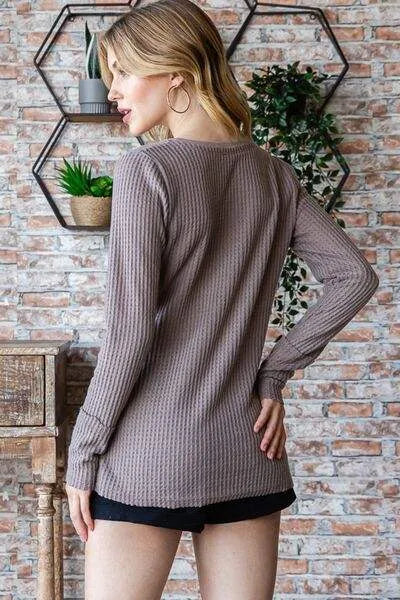 Reborn J Waffle Knit Notched Long Sleeve Top Blouses - Tophatter Daily Deals