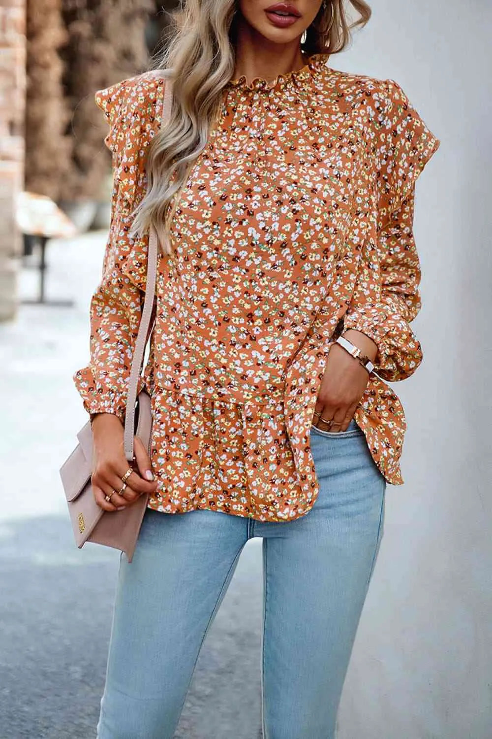 Ruffle Collar Long Sleeve Peplum Top Sherbet Blouses - Tophatter Daily Deals