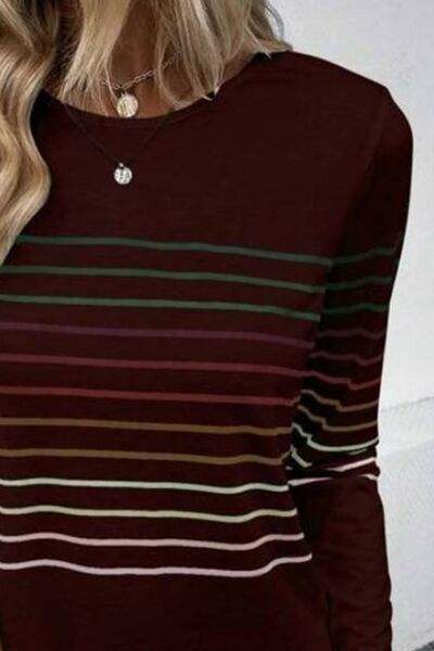 Striped Round Neck Long Sleeve T-Shirt Women's T-Shirts - Tophatter Daily Deals