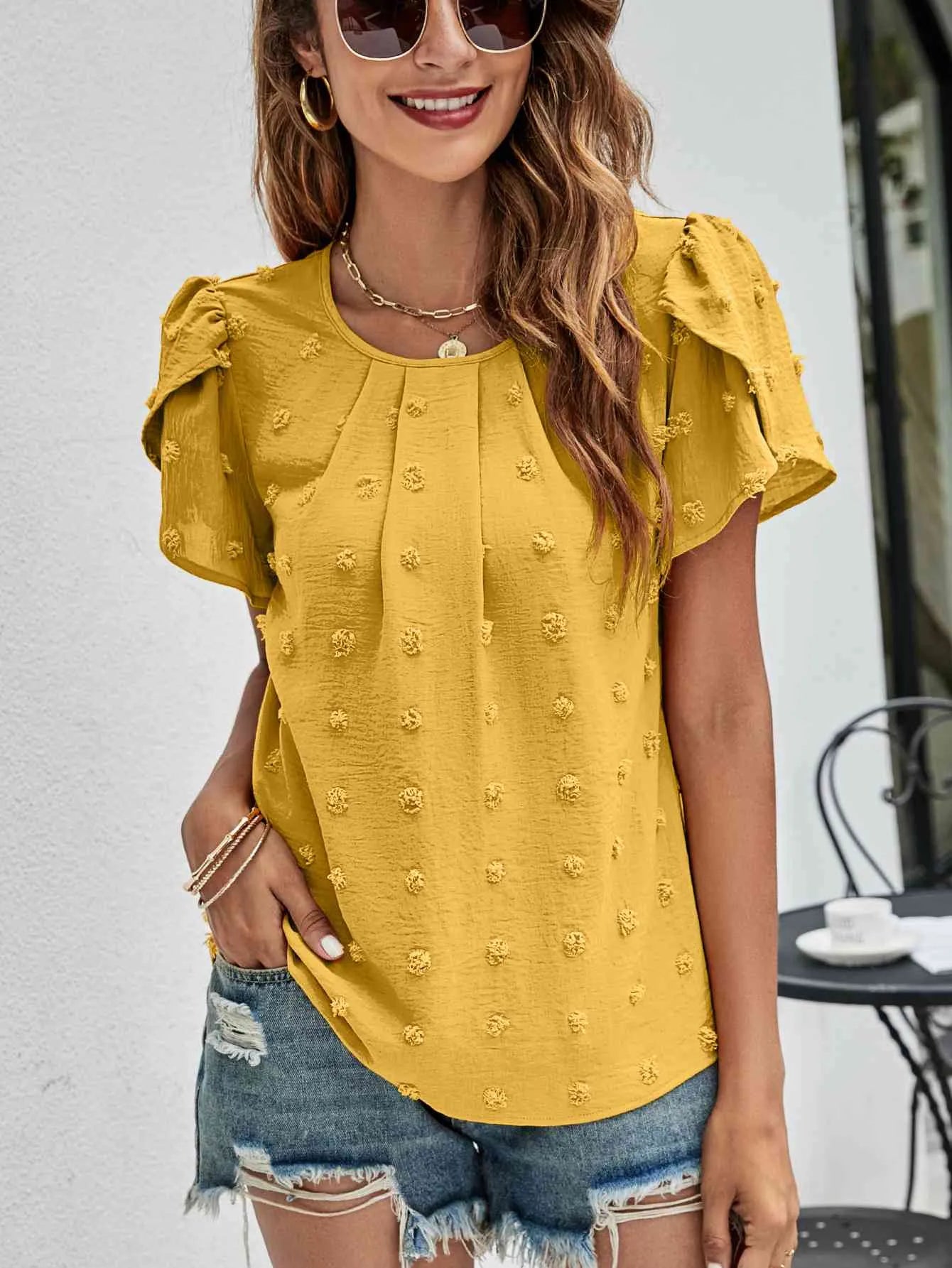 Swiss Dot Round Neck Petal Sleeve Top Mustard Blouses - Tophatter Daily Deals