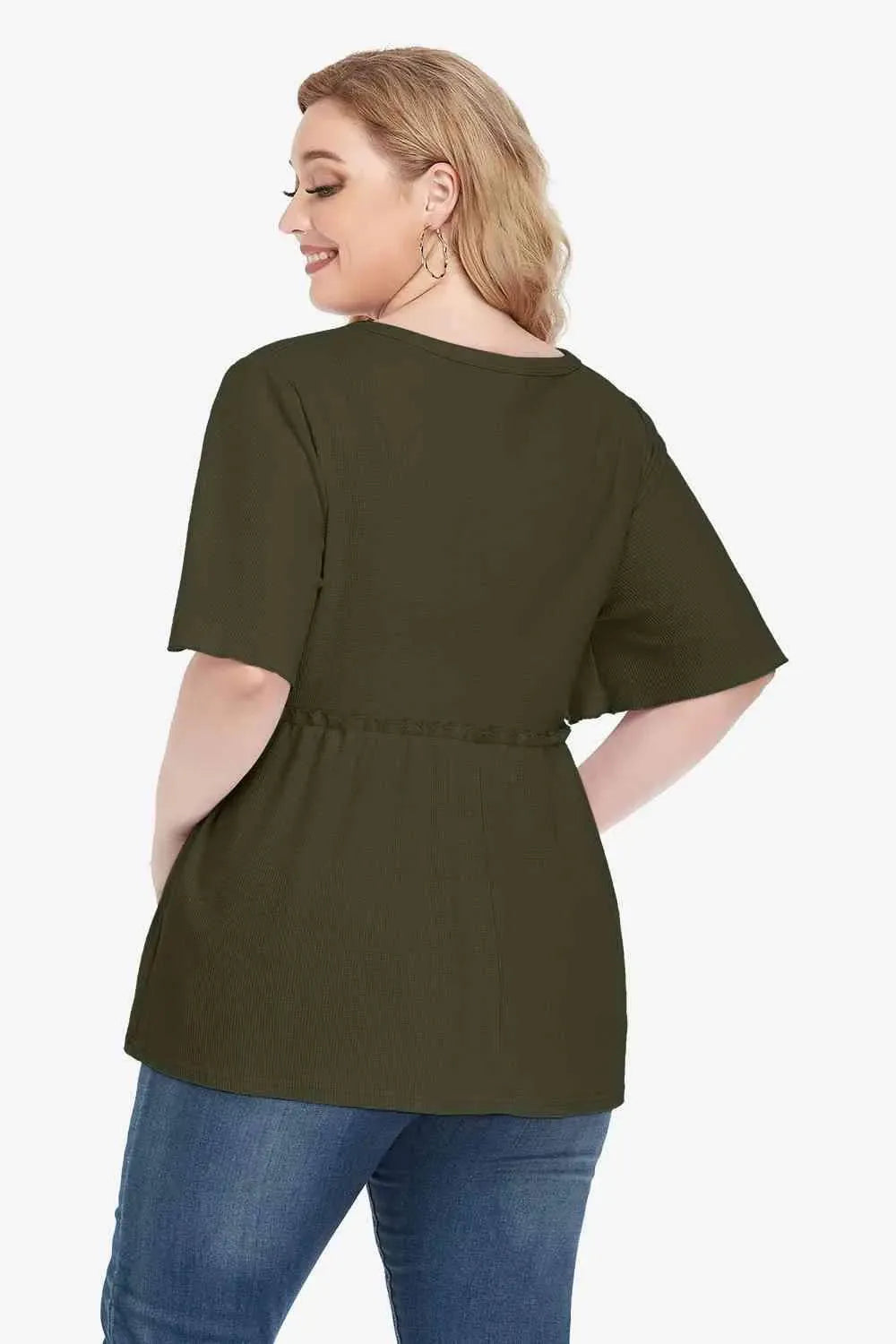 Plus Size Buttoned V-Neck Frill Trim Babydoll Blouse Blouses - Tophatter Daily Deals