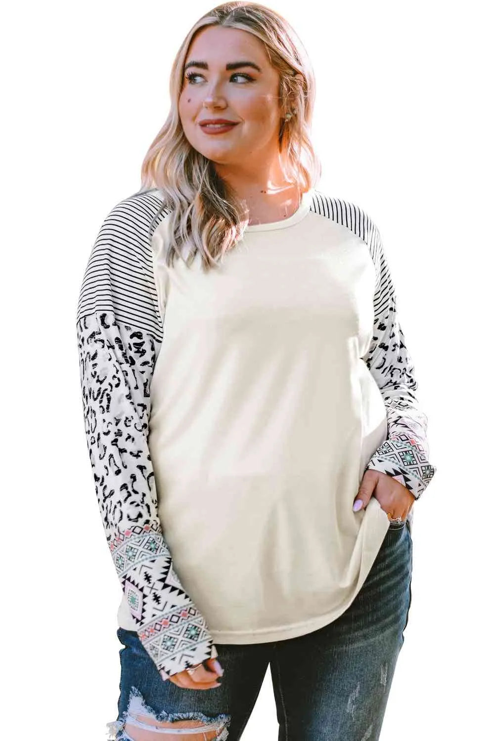 Plus Size Mixed Print Raglan Sleeve Round Neck Top Blouses - Tophatter Daily Deals