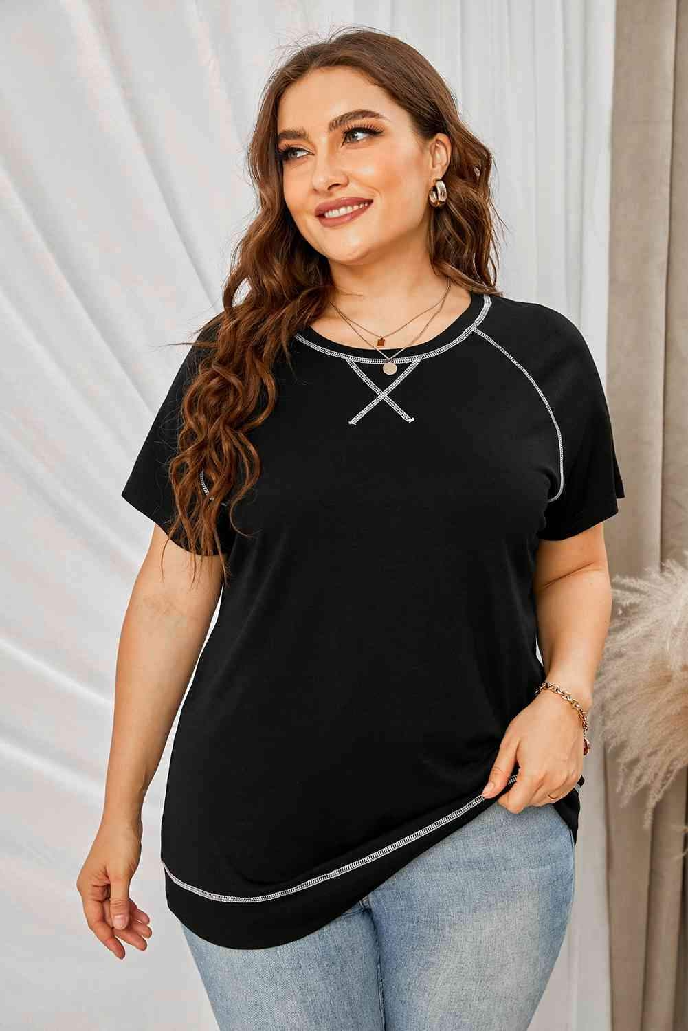 Plus Size Contrast Stitching Crewneck Tee Black Women's T-Shirts - Tophatter Daily Deals