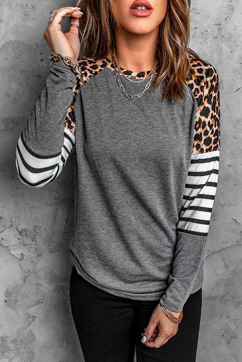 Leopard Striped Raglan Sleeve Top Gray Women's T-Shirts - Tophatter Daily Deals