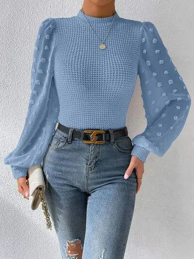 Swiss Dot Waffle-Knit Lantern Sleeve T-Shirt Misty Blue Women's T-Shirts - Tophatter Daily Deals