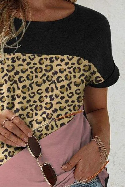Leopard Round Neck Short Sleeve T-Shirt Women's T-Shirts - Tophatter Daily Deals