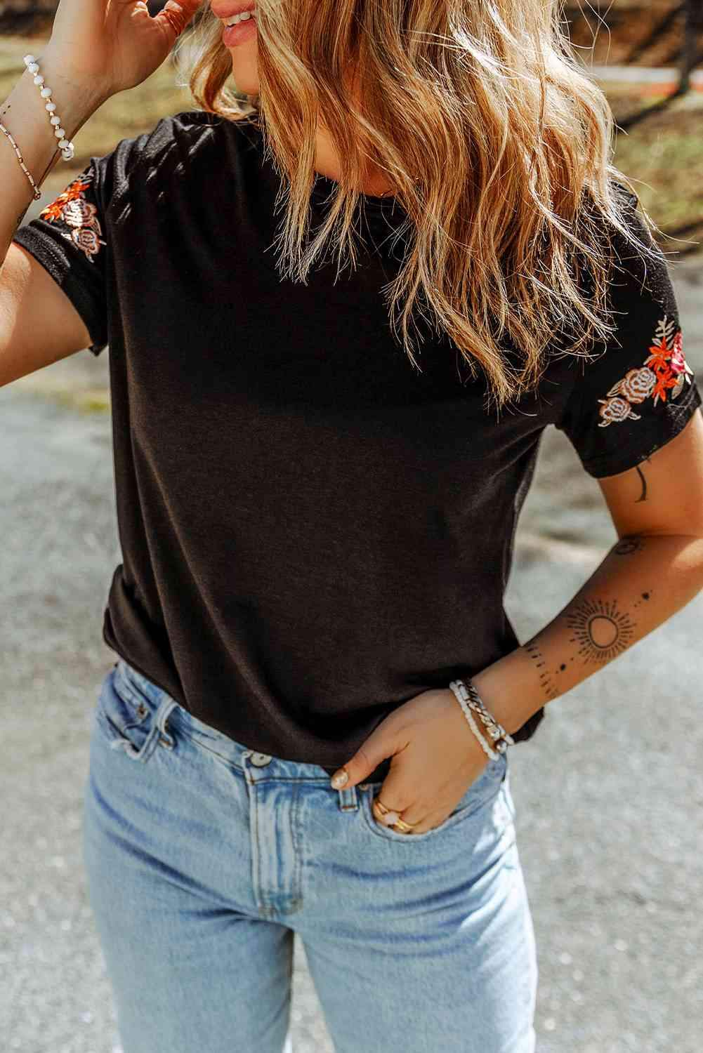 Embroidered Round Neck Tee Shirt Women's T-Shirts - Tophatter Daily Deals