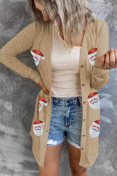 Sequin Santa Button Up Long Sleeve Cardigan Camel Blouses - Tophatter Daily Deals