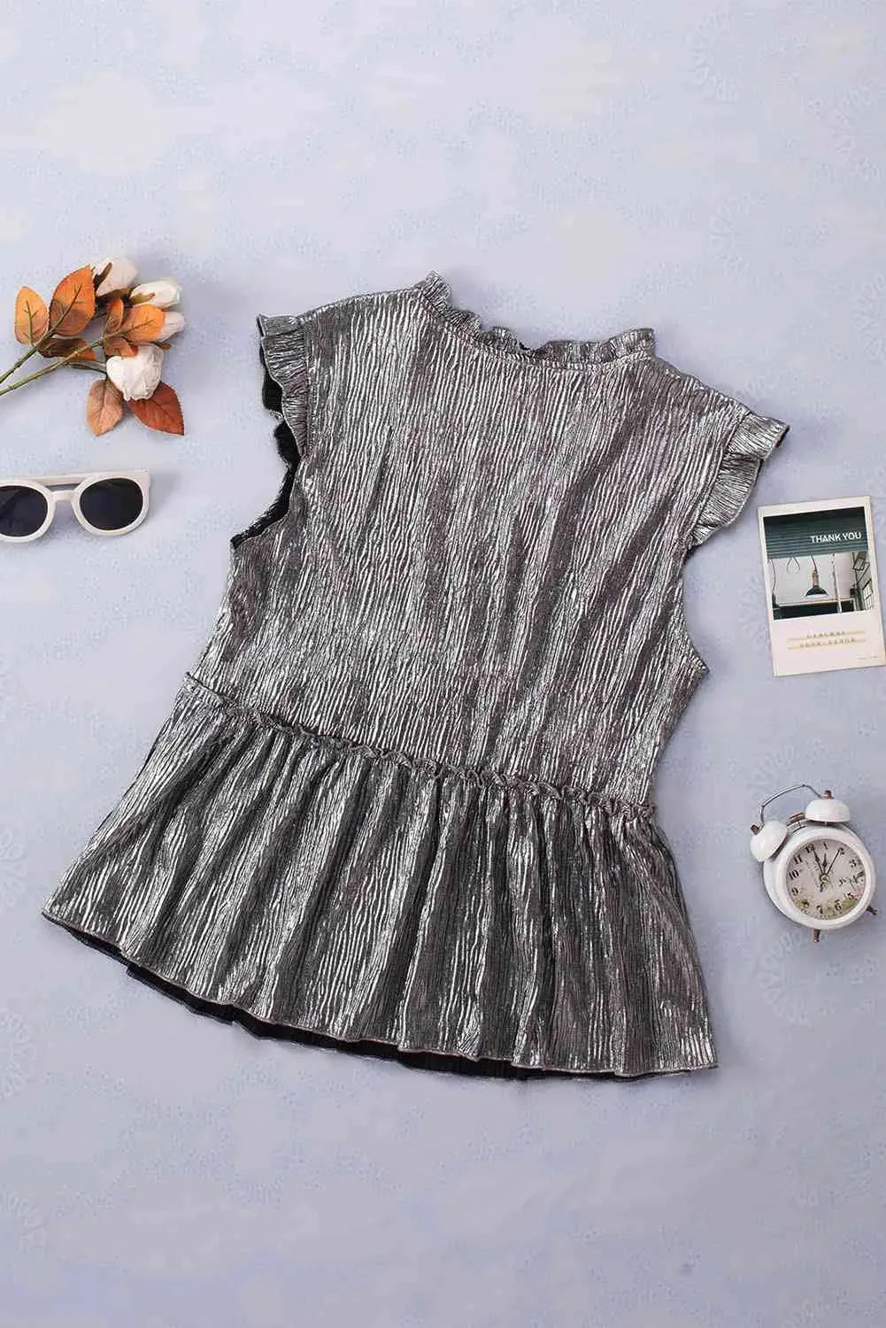 Frill Trim V-Neck Metallic Blouse Blouses - Tophatter Daily Deals