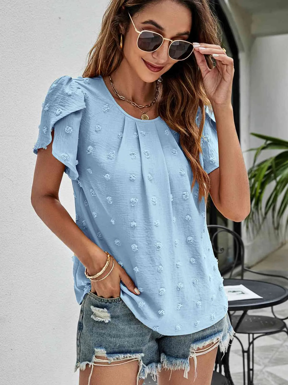 Swiss Dot Round Neck Petal Sleeve Top Blouses - Tophatter Daily Deals