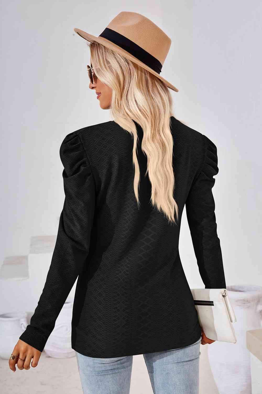 Round Neck Puff Sleeve Blouse Blouses - Tophatter Daily Deals