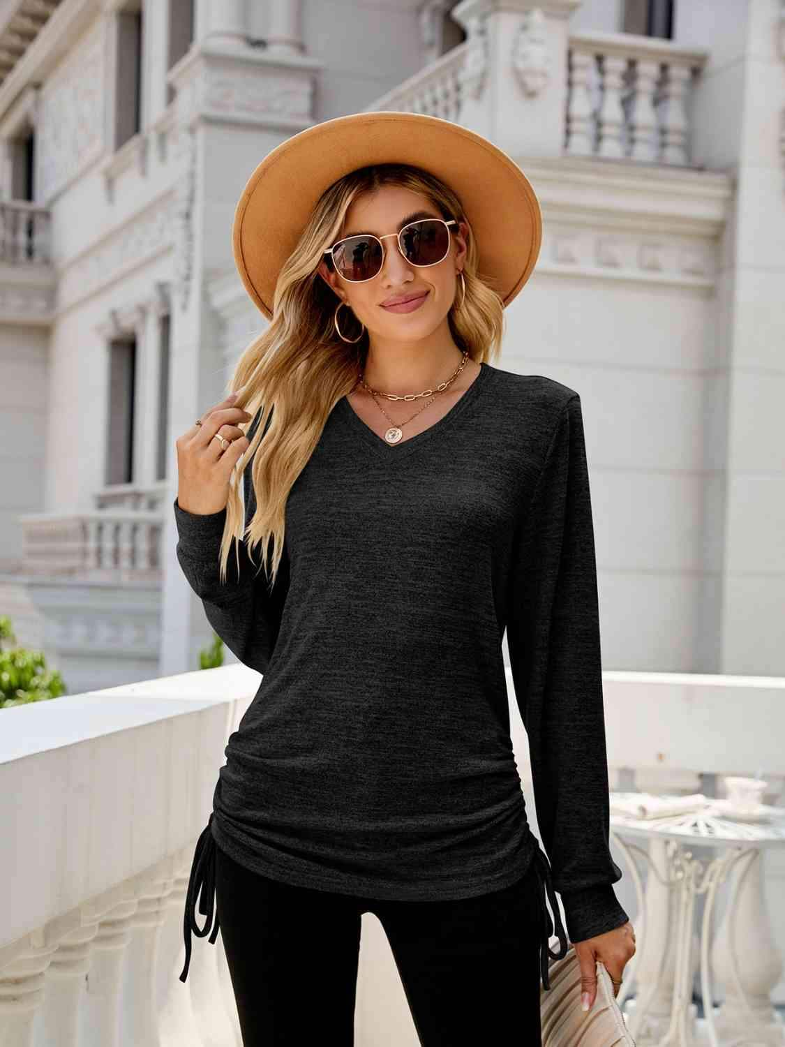 Drawstring V-Neck Long Sleeve T-Shirt Black Women's T-Shirts - Tophatter Daily Deals