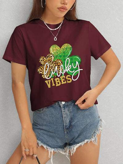 LUCKY VIBES Round Neck Short Sleeve T-Shirt Women's T-Shirts - Tophatter Daily Deals