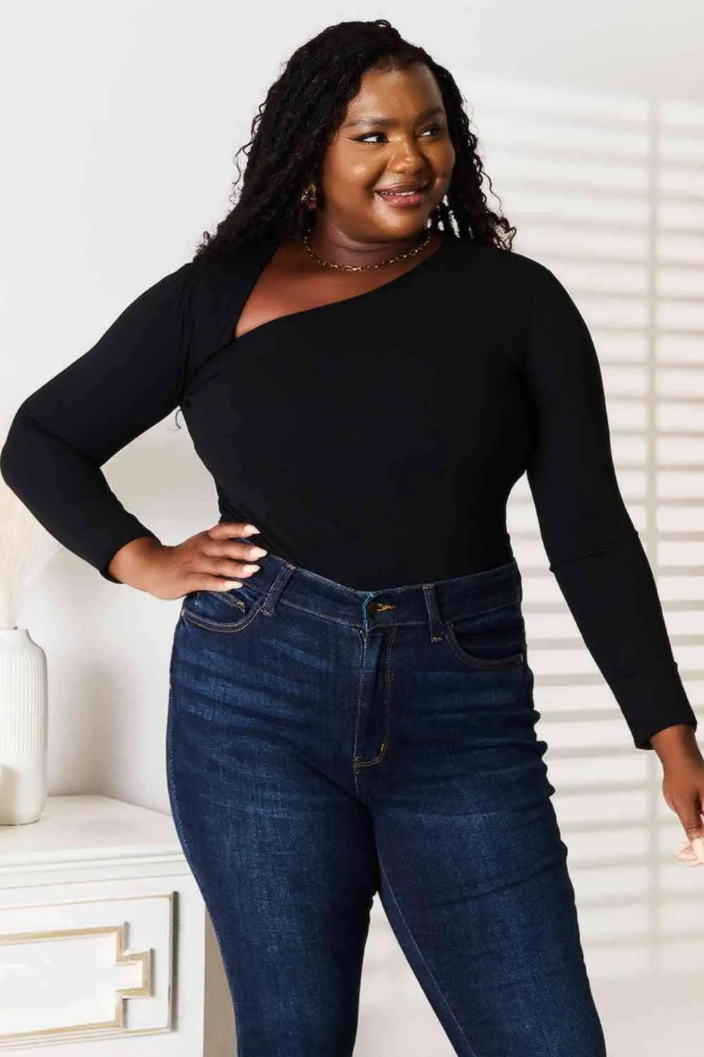 Basic Bae Asymmetrical Neck Long Sleeve Top Blouses - Tophatter Daily Deals