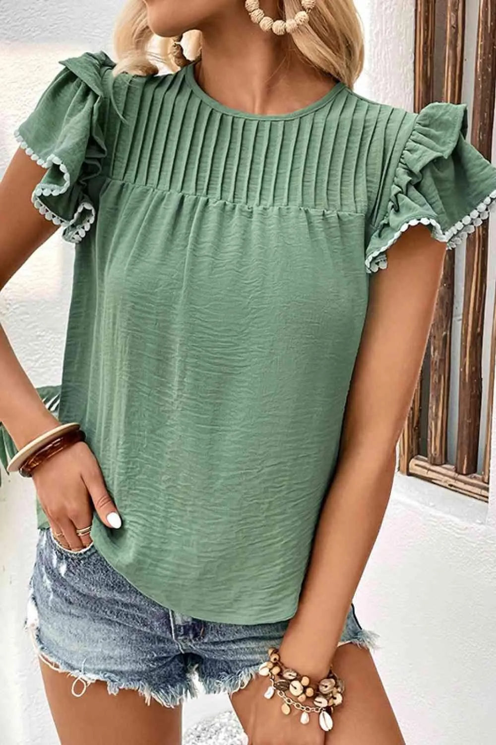 Pleated Detail Flutter Sleeve Blouse Sage Blouses - Tophatter Daily Deals