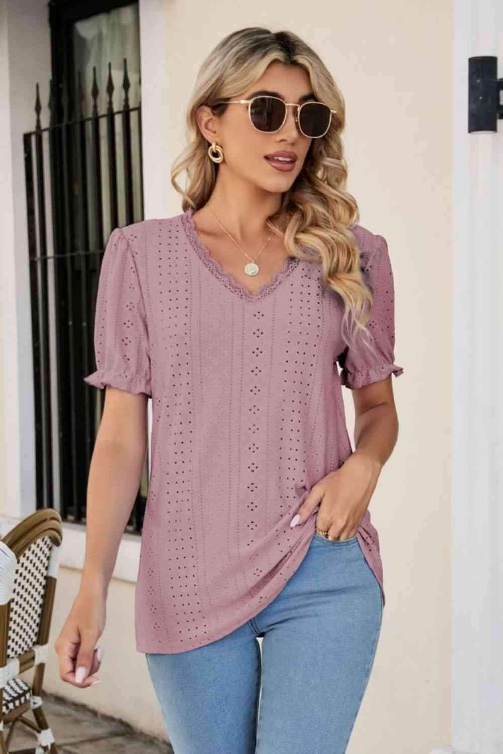 Eyelet Flounce Sleeve Scalloped V-Neck Top Blouses - Tophatter Daily Deals