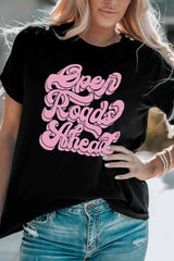 Round Neck Short Sleeve OPEN ROADS AHEAD Graphic Tee Women's T-Shirts - Tophatter Daily Deals