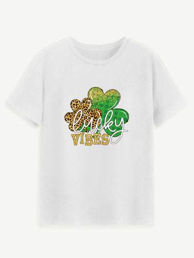 LUCKY VIBES Round Neck Short Sleeve T-Shirt White Women's T-Shirts - Tophatter Daily Deals