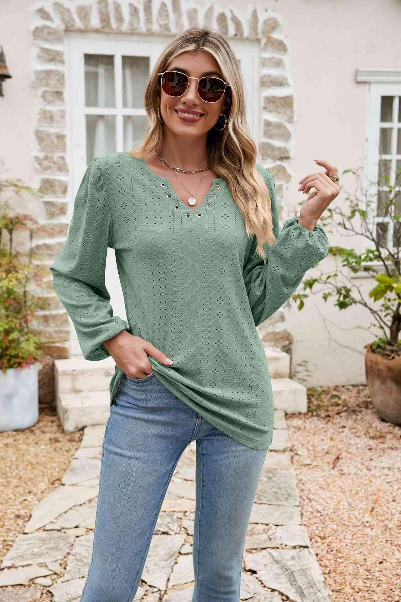 Eyelet Notched Neck Balloon Sleeve Blouse Gum Leaf Blouses - Tophatter Daily Deals