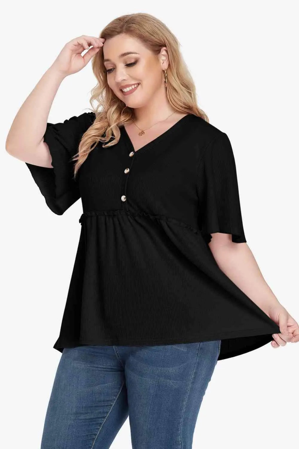 Plus Size Buttoned V-Neck Frill Trim Babydoll Blouse Black Blouses - Tophatter Daily Deals