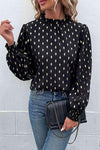 Geometric Print Frill Neck Lantern Sleeve Blouse Black Blouses - Tophatter Daily Deals