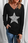 Leopard Star Graphic V-Neck Top Black Women's T-Shirts - Tophatter Daily Deals