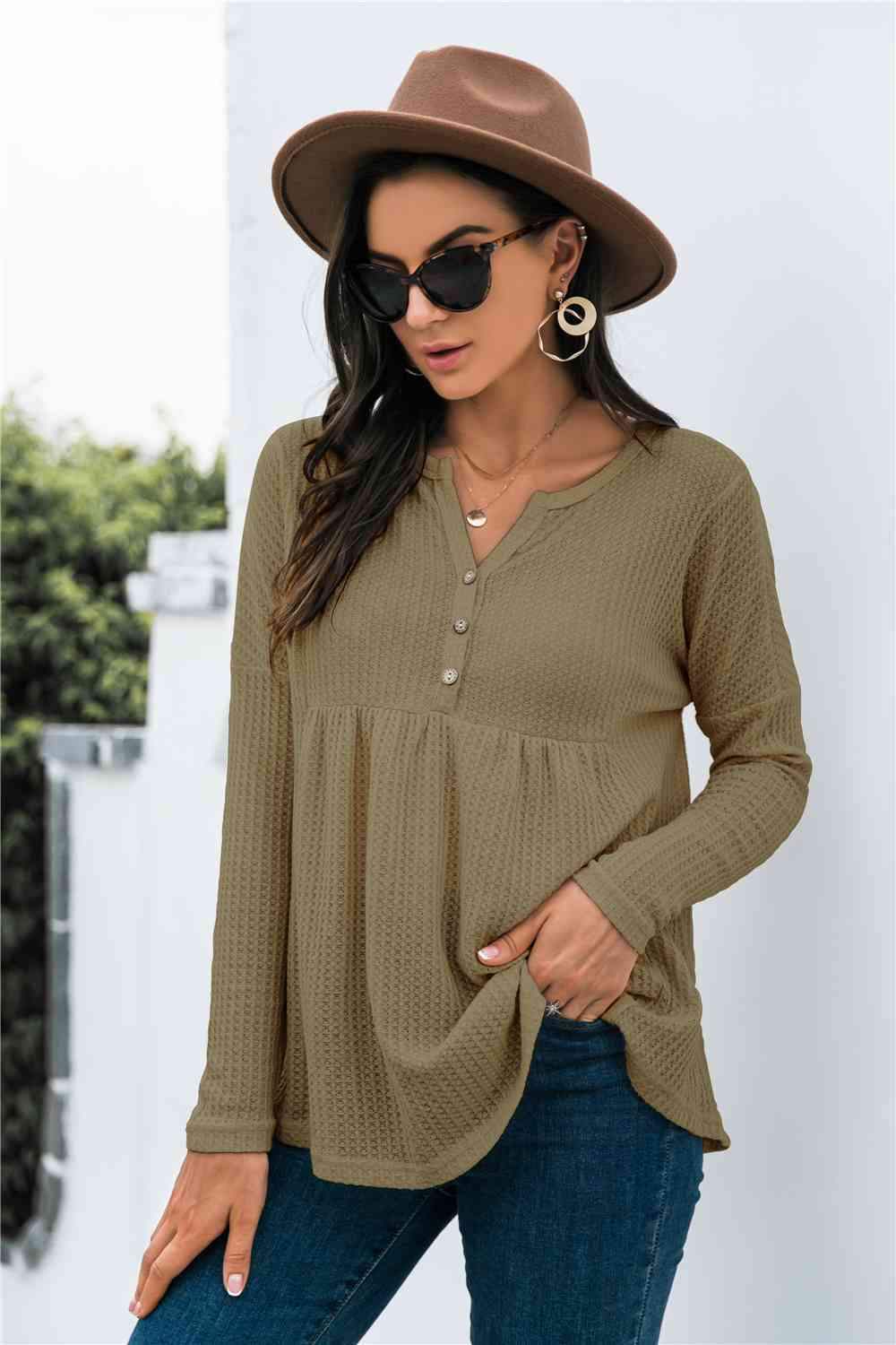 Button Front Waffle Knit Babydoll Top Blouses - Tophatter Daily Deals