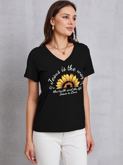 Sunflower V-Neck Short Sleeve T-Shirt Black Women's T-Shirts - Tophatter Daily Deals