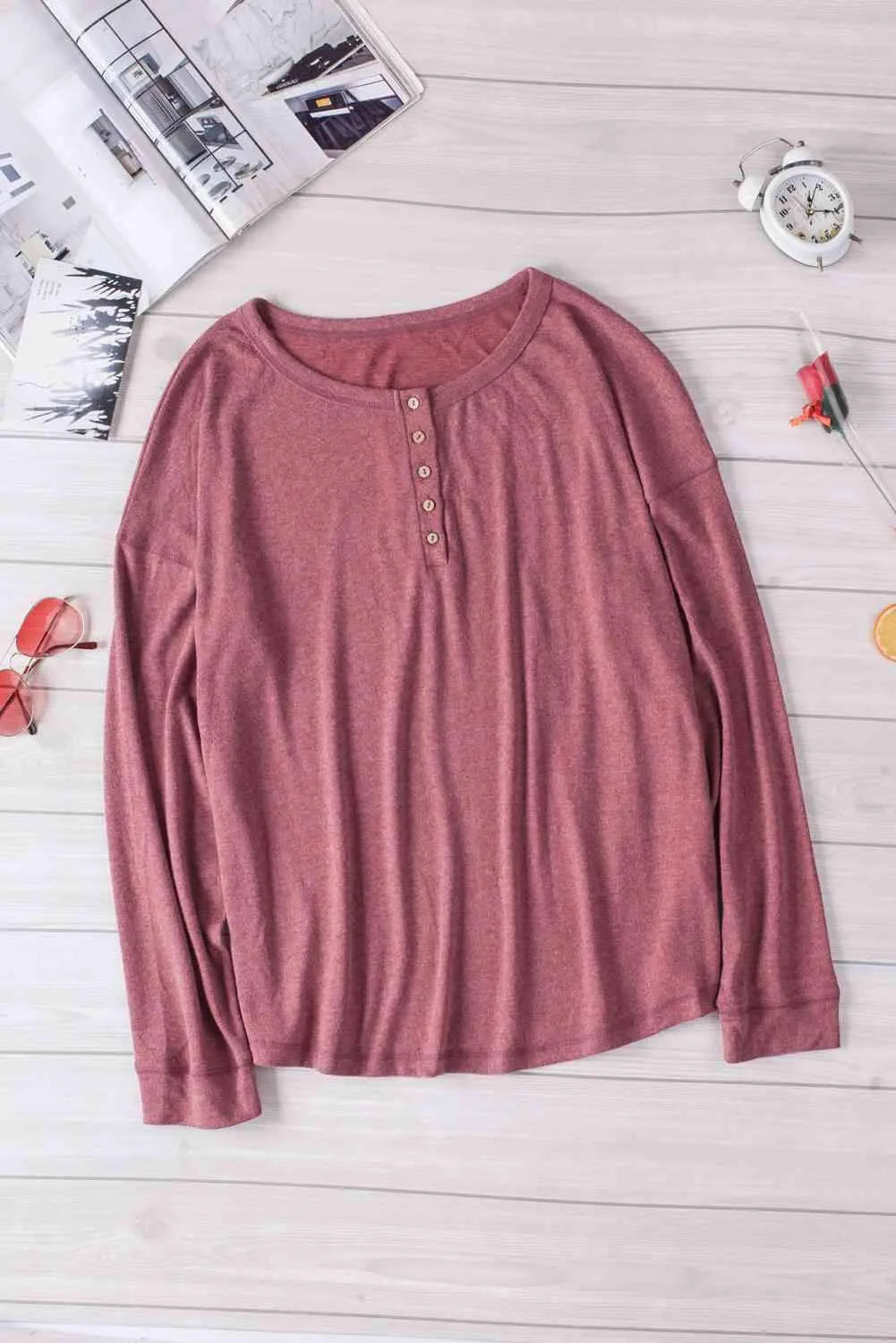 Long Sleeve Henley Top Dusty Pink Blouses - Tophatter Daily Deals