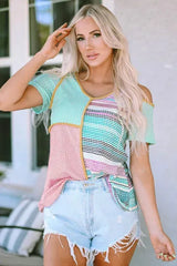 Patchwork Round Neck Cold Shoulder T-Shirt Women's T-Shirts - Tophatter Daily Deals