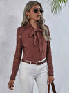 Tie Neck Spliced Lace Long Sleeve Top Light Mauve Blouses - Tophatter Daily Deals