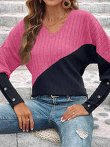 Contrast Buttoned V-Neck Blouse Blouses - Tophatter Daily Deals