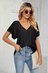 Eyelet Tie-Neck Flutter Sleeve Top Black Blouses - Tophatter Daily Deals