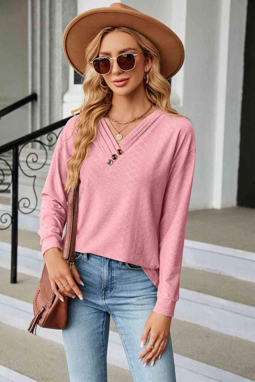 V-Neck Long Sleeve Blouse Carnation Pink Blouses - Tophatter Daily Deals