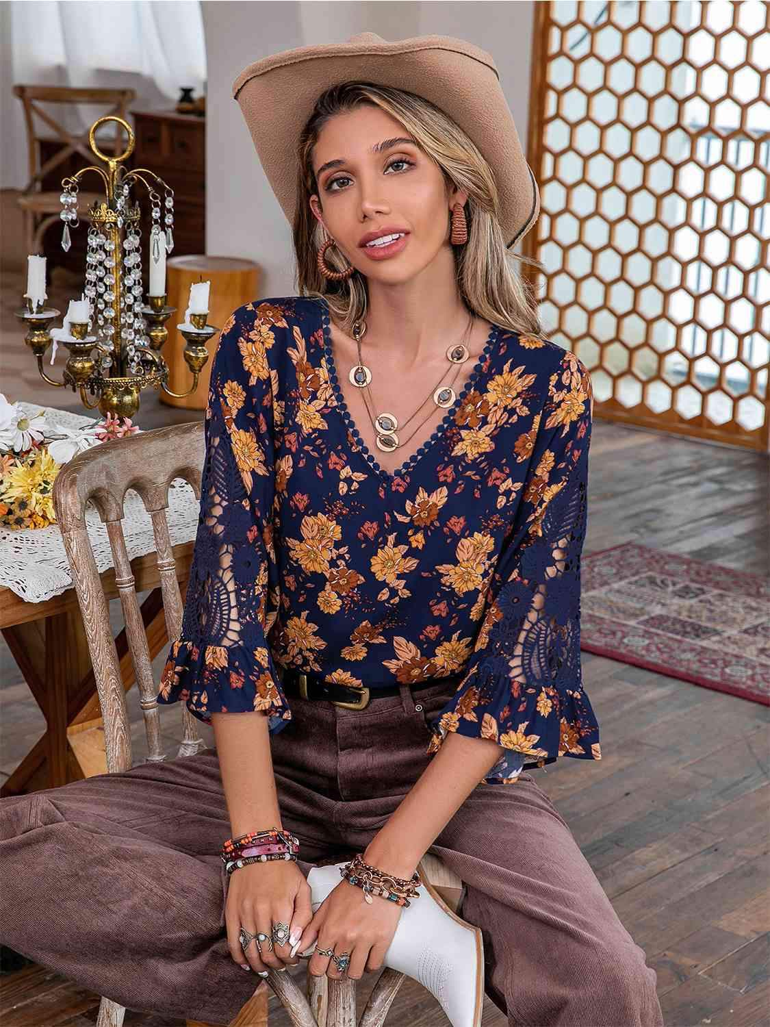 Floral V-Neck Crochet Blouse Blouses - Tophatter Daily Deals