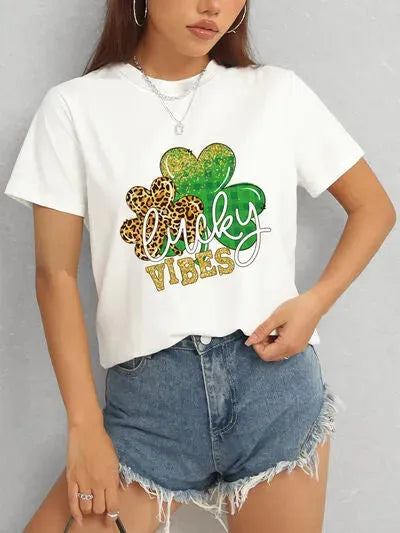 LUCKY VIBES Round Neck Short Sleeve T-Shirt Women's T-Shirts - Tophatter Daily Deals