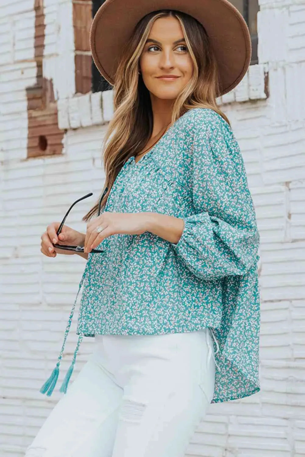 Ditsy Floral Tassel Tie High-Low Blouse Blouses - Tophatter Daily Deals