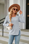 Square Neck Long Sleeve Slit T-Shirt Misty Blue Women's T-Shirts - Tophatter Daily Deals