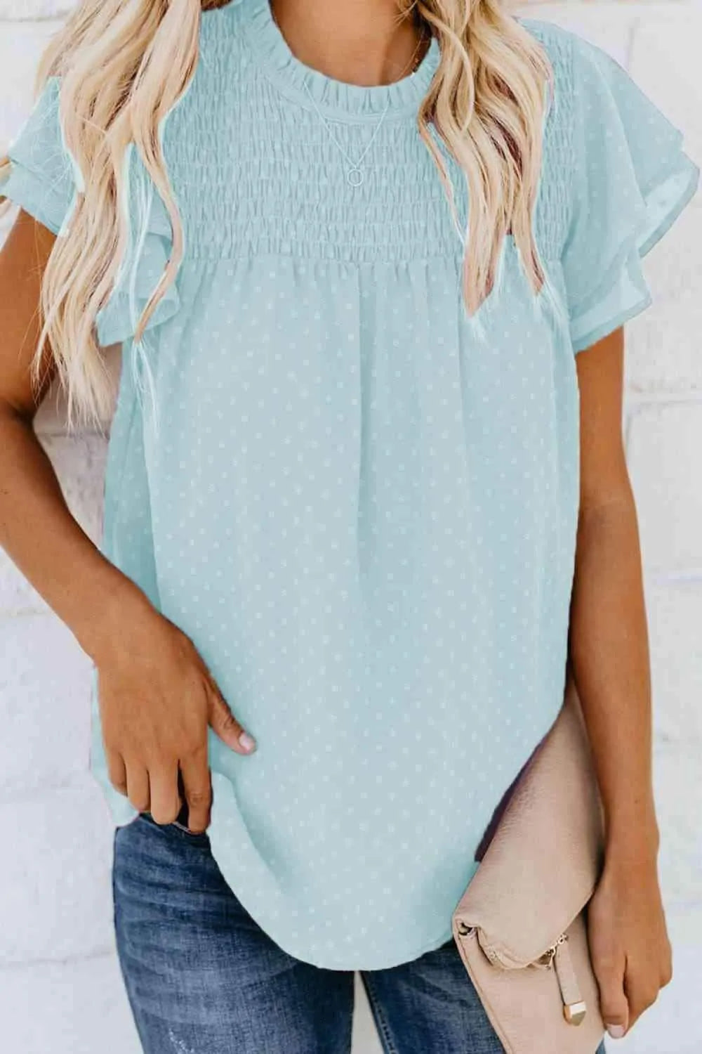 Layered Flutter Sleeve Smocked Blouse Mint Blue Blouses - Tophatter Daily Deals