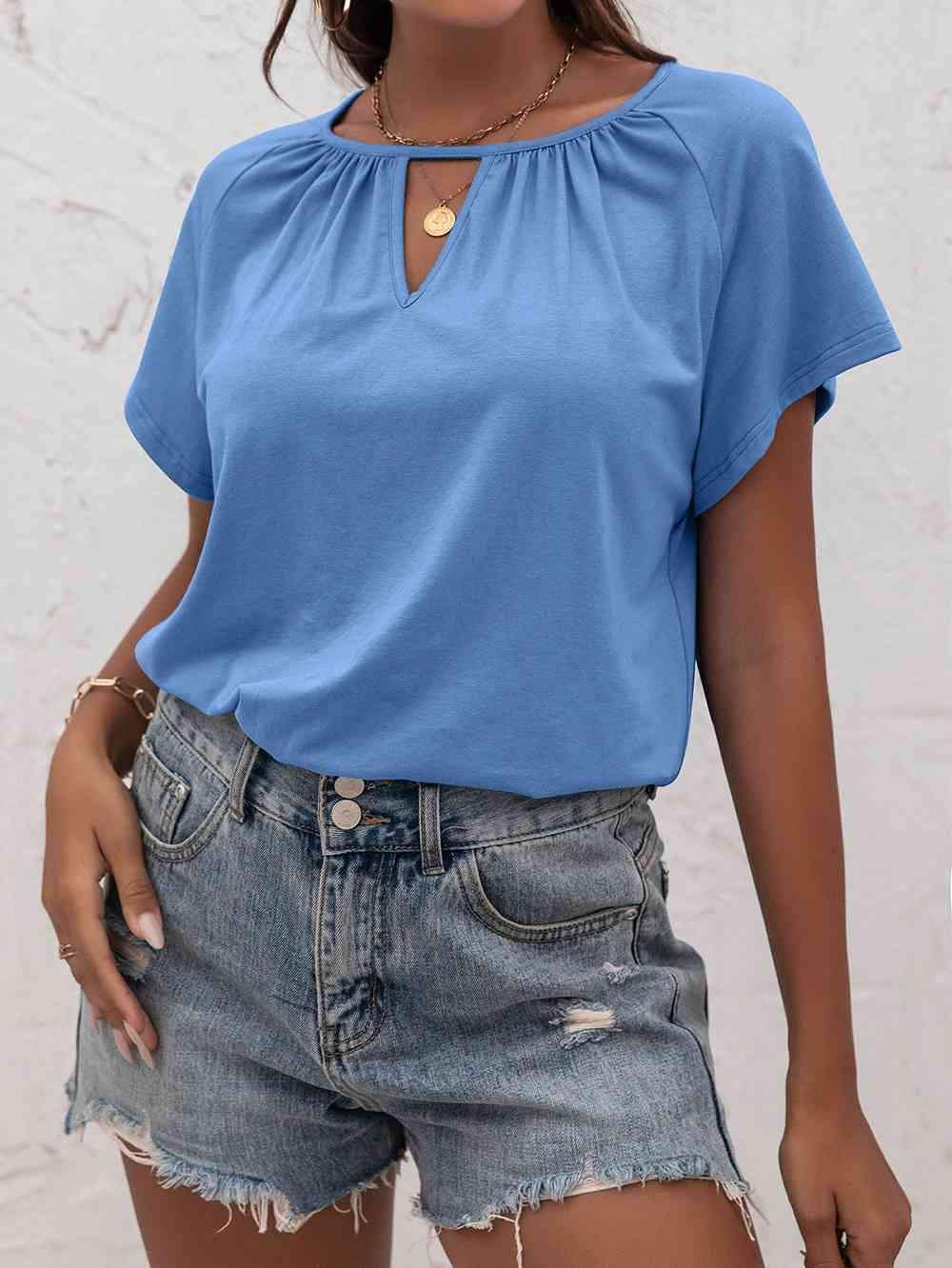 Cutout Round Neck T-Shirt Blouses - Tophatter Daily Deals