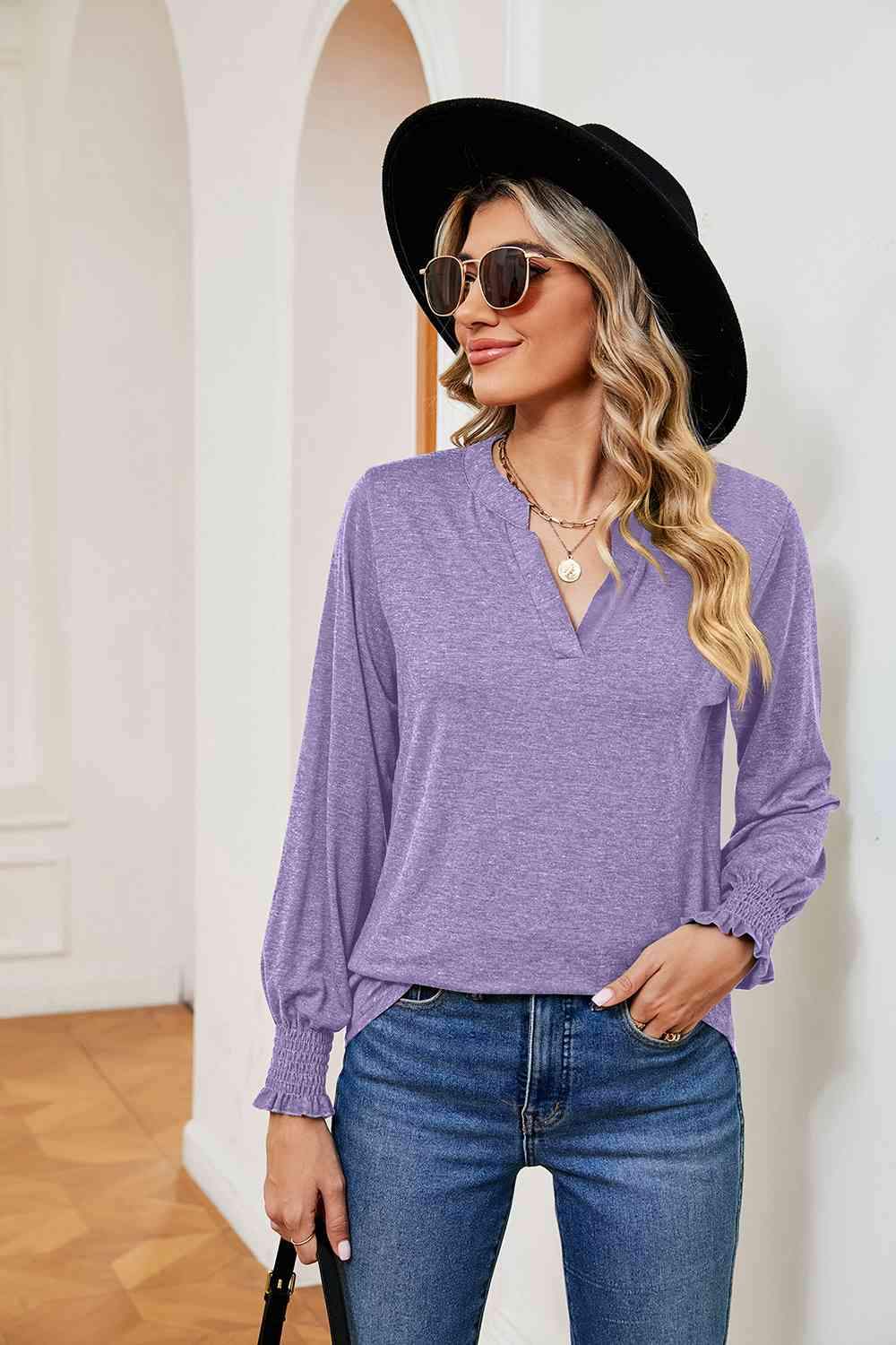 Notched Neck Long Sleeve Blouse Blouses - Tophatter Daily Deals