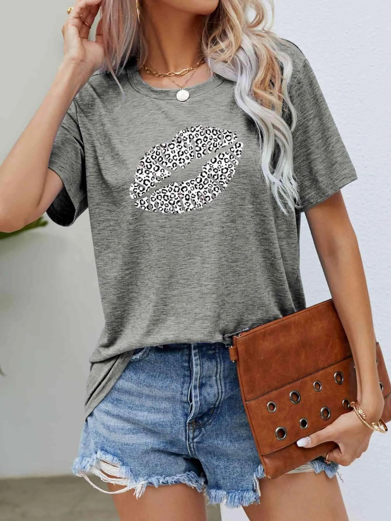 Leopard Lip Graphic Round Neck Tee Women's T-Shirts - Tophatter Daily Deals