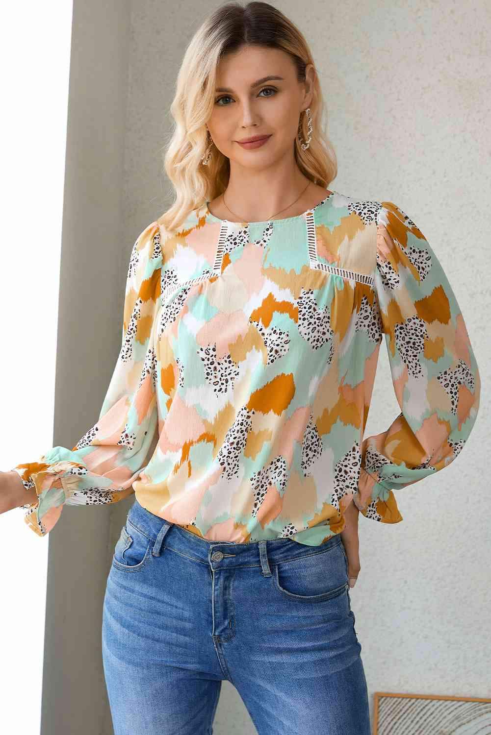 Printed Flounce Sleeve Buttoned Blouse Gum Leaf Blouses - Tophatter Daily Deals