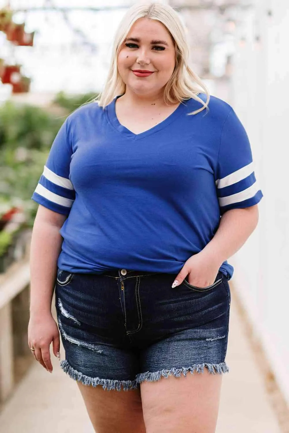 Plus Size Striped V-Neck Tee Shirt Royal Blue Women's T-Shirts - Tophatter Daily Deals