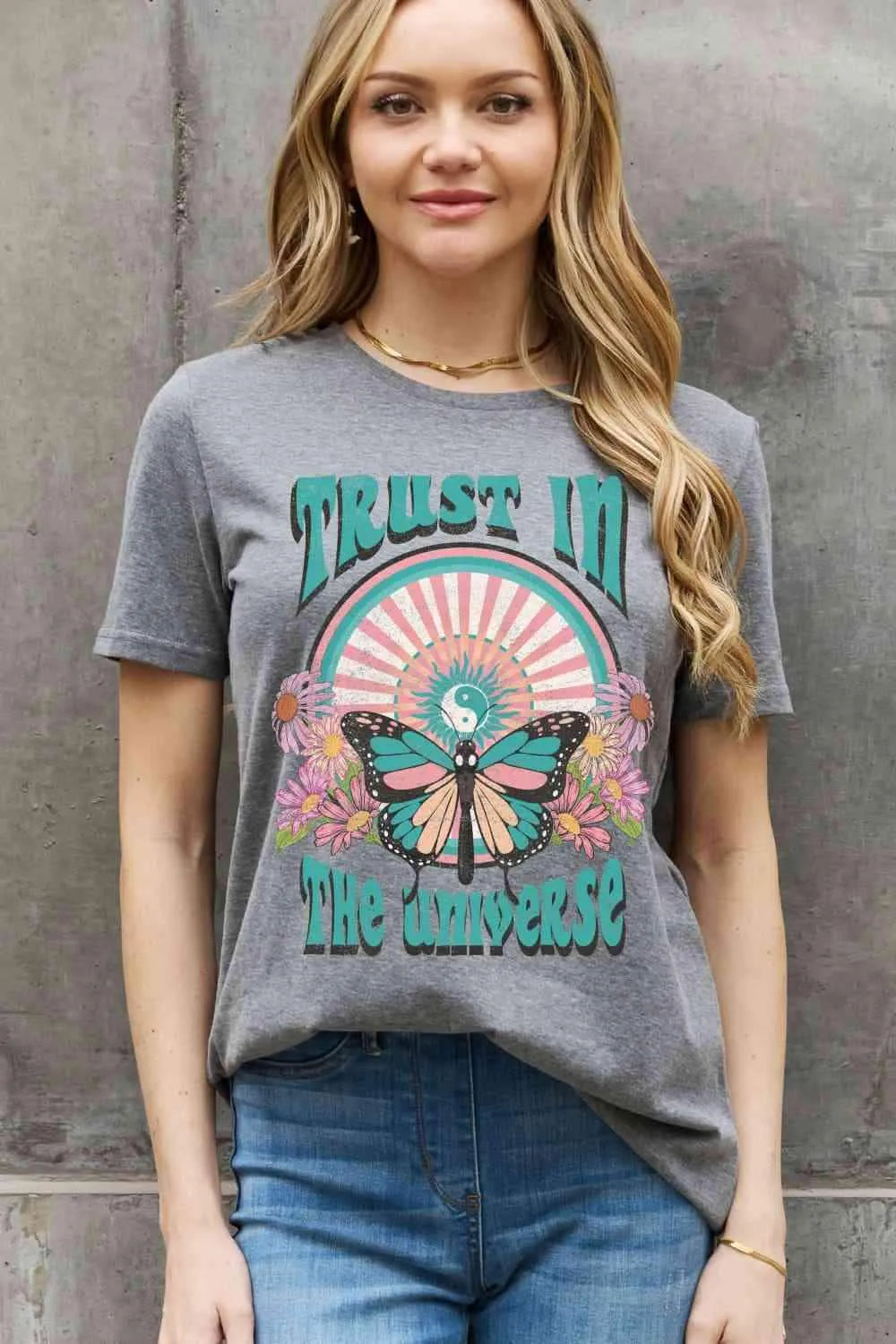Simply Love Full Size TRUST IN THE UNIVERSE Graphic Cotton Tee Charcoal Women's T-Shirts - Tophatter Daily Deals