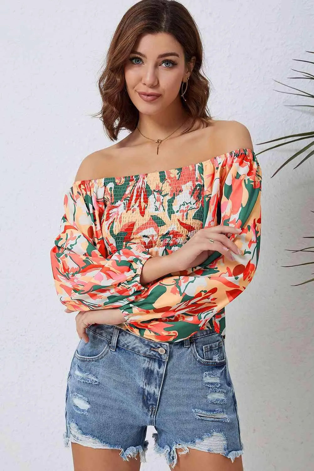 Multicolored Square Neck Smocked Babydoll Blouse Blouses - Tophatter Daily Deals