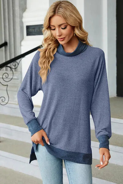 Slit Mock Neck Long Sleeve T-Shirt Dusty Blue Women's T-Shirts - Tophatter Daily Deals