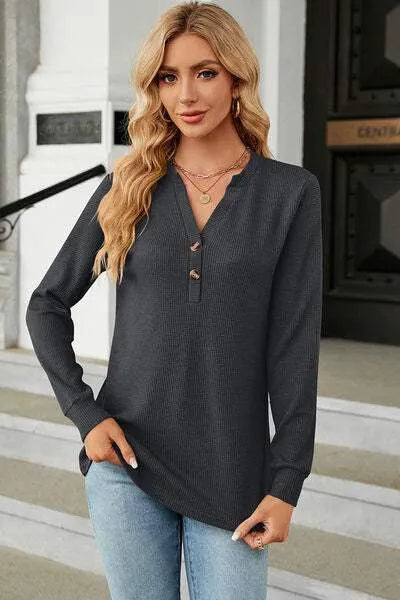 Waffle-Knit Notched Long Sleeve T-Shirt Charcoal Women's T-Shirts - Tophatter Daily Deals
